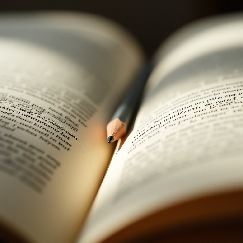 Libro abierto con anotaciones a lápiz en el margen y un lápiz apoyado entre las páginas